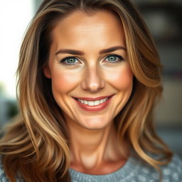 A gorgeous 50-year-old woman facing the camera with a natural and relaxed demeanor