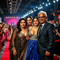 A glamorous Bollywood premiere scene showcasing a sexy Bollywood actress wearing a revealing bikini blouse gown that highlights her big boobs and cleavage