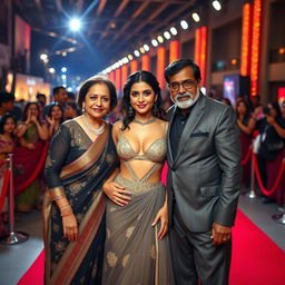A glamorous Bollywood premiere scene showcasing a sexy Bollywood actress wearing a revealing bikini blouse gown that highlights her big boobs and cleavage