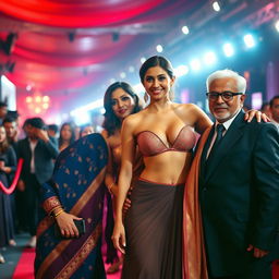 A glamorous Bollywood premiere scene showcasing a sexy Bollywood actress wearing a revealing bikini blouse gown that highlights her big boobs and cleavage
