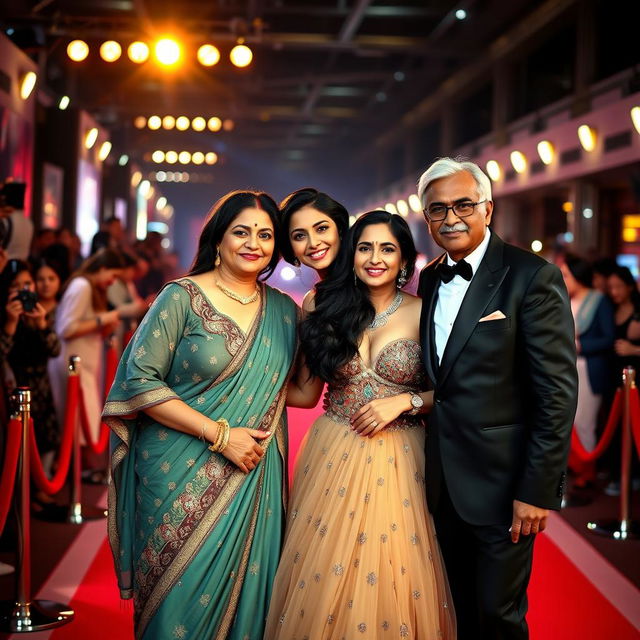 A glamorous Bollywood premiere scene showcasing a sexy Bollywood actress wearing a revealing bikini blouse gown that highlights her big boobs and cleavage