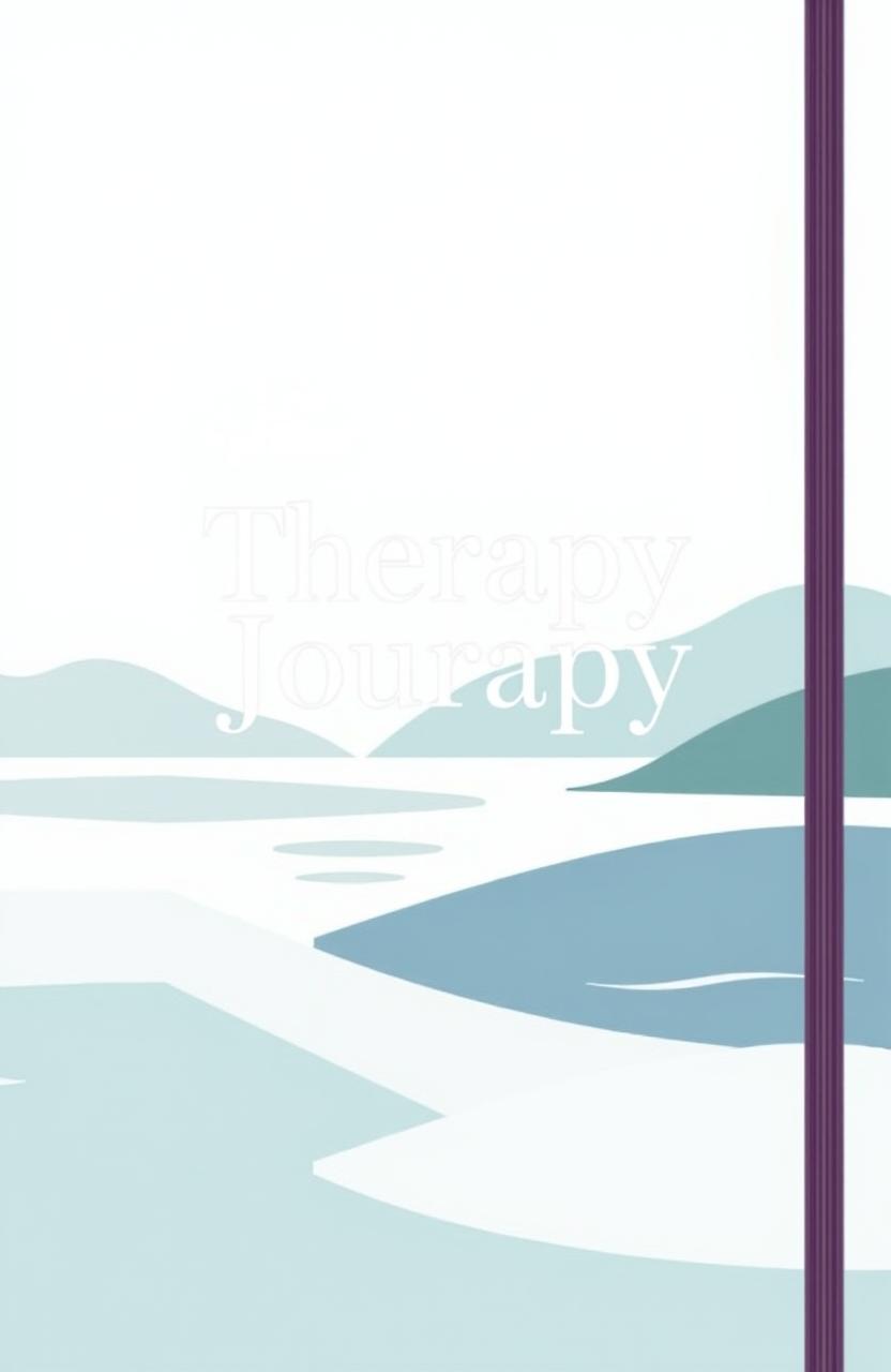 A modern therapy journal cover design featuring soothing colors like soft blues and greens, incorporating minimalist illustrations of a calm landscape with gentle waves or mountains