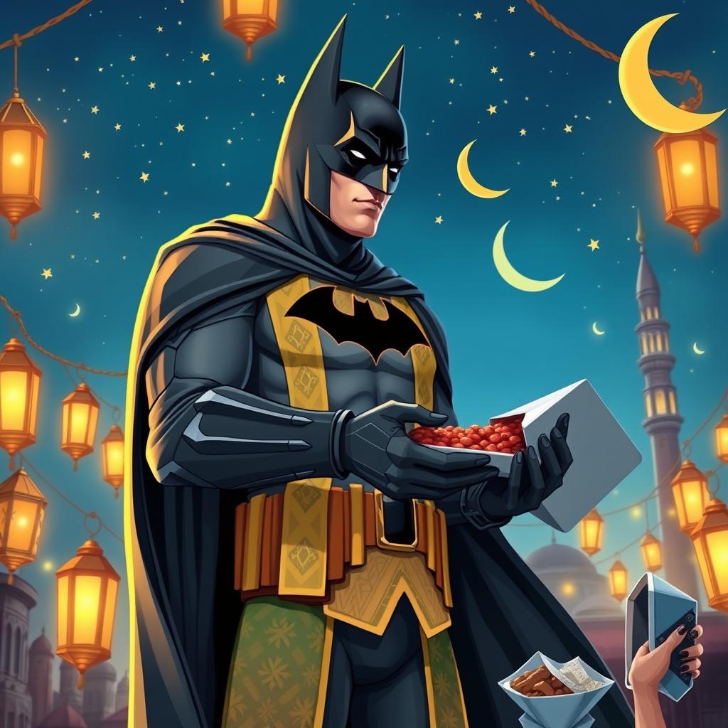 Batman, depicted in a festive Ramadan setting, wearing a traditional Ramadan-themed outfit over his iconic suit, surrounded by lanterns and crescent moons