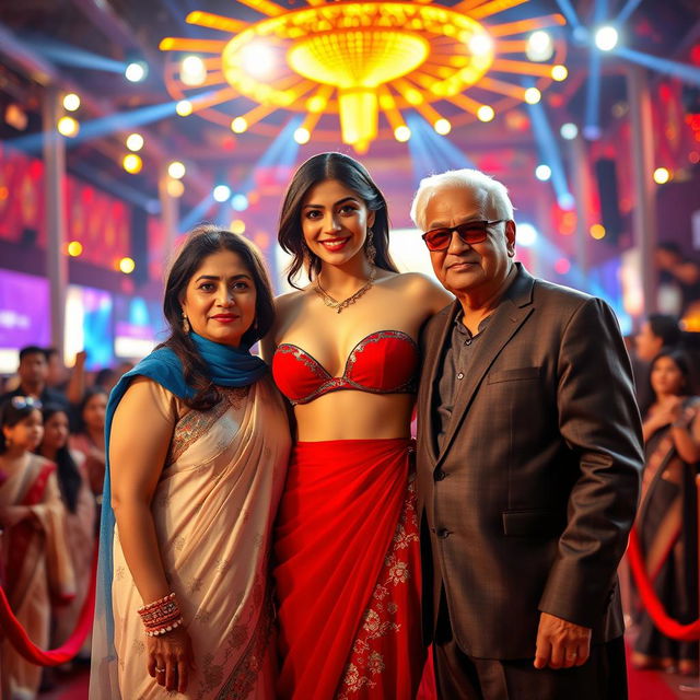 A dazzling Bollywood premiere scene featuring a sexy Bollywood actress in a revealing bikini blouse gown that accentuates her big boobs and cleavage