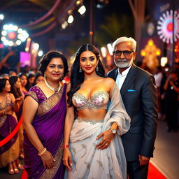 A dazzling Bollywood premiere scene featuring a sexy Bollywood actress in a revealing bikini blouse gown that accentuates her big boobs and cleavage