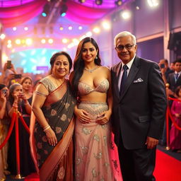 A dazzling Bollywood premiere scene featuring a sexy Bollywood actress in a revealing bikini blouse gown that accentuates her big boobs and cleavage