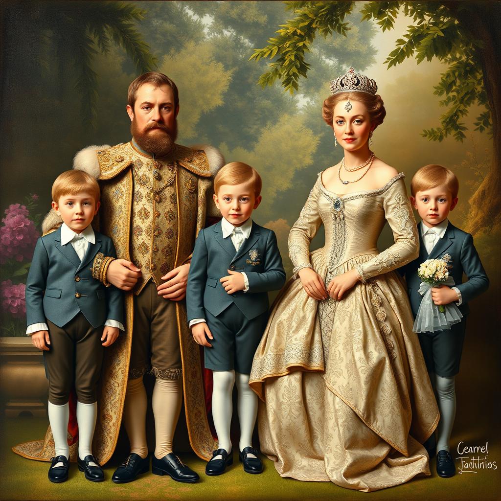 A royal family portrait painted in an 18th-century style, depicting a king and queen alongside their three children, all positioned side by side in a dignified manner