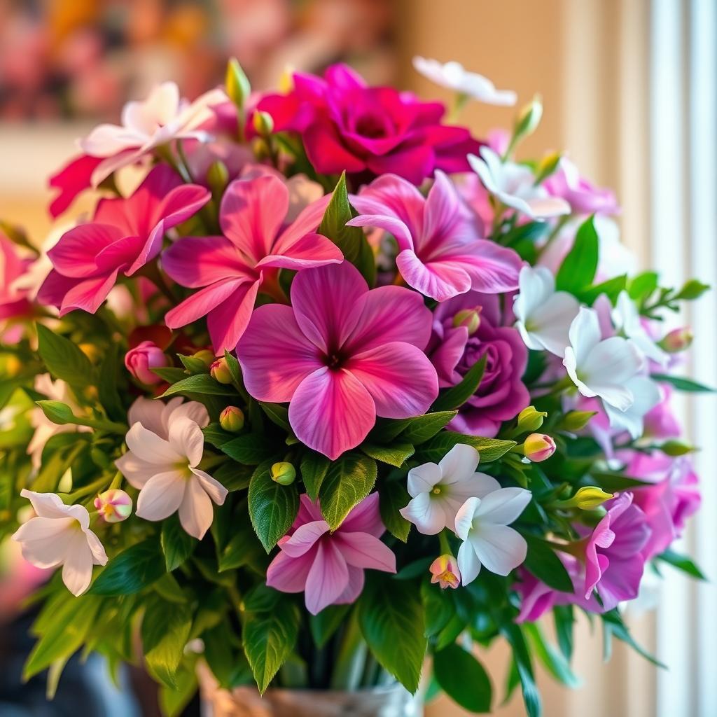 A vibrant bouquet of flowers with a variety of colors, featuring pink flowers in the center, surrounded by lush green leaves and delicate white blooms