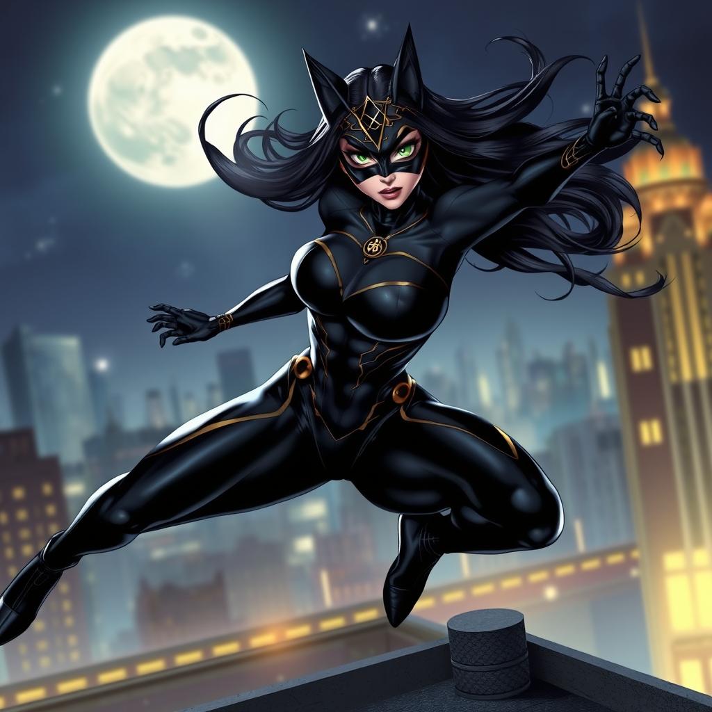 A stunning Arab Catwoman character with a sleek black costume that has golden accents