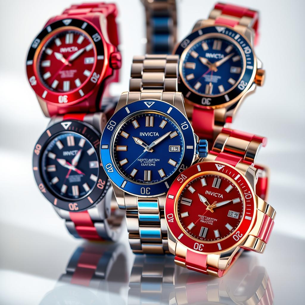 A vibrant composition featuring multiple Invicta watches showcasing a rich color palette of red and blue
