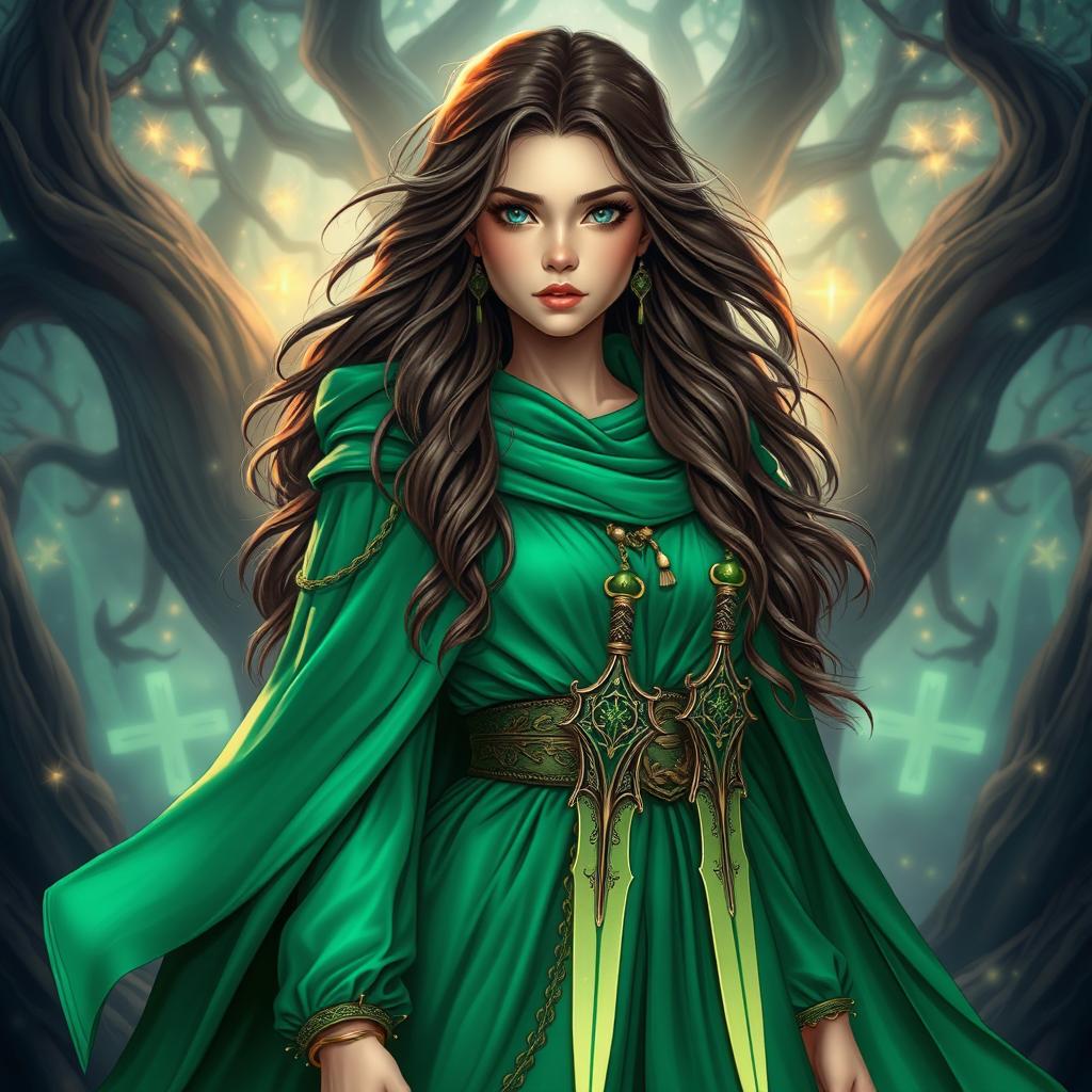 A young female sorcerer adorned in a stunning emerald green cloak that flows elegantly around her, with a matching belt that holds two intricately designed daggers