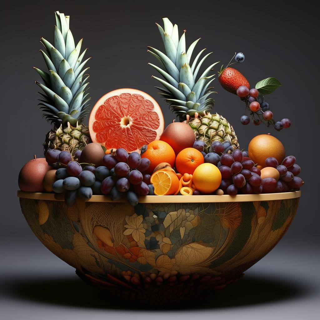 An ultra detailed, artistic, avant-garde arrangement of a fruit bowl.