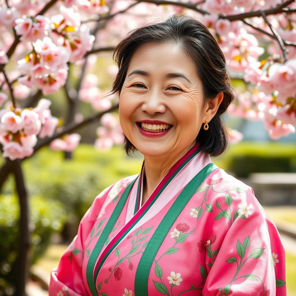 A joyful 55-year-old Korean woman with a round face, radiating happiness while wearing a traditional colorful hanbok