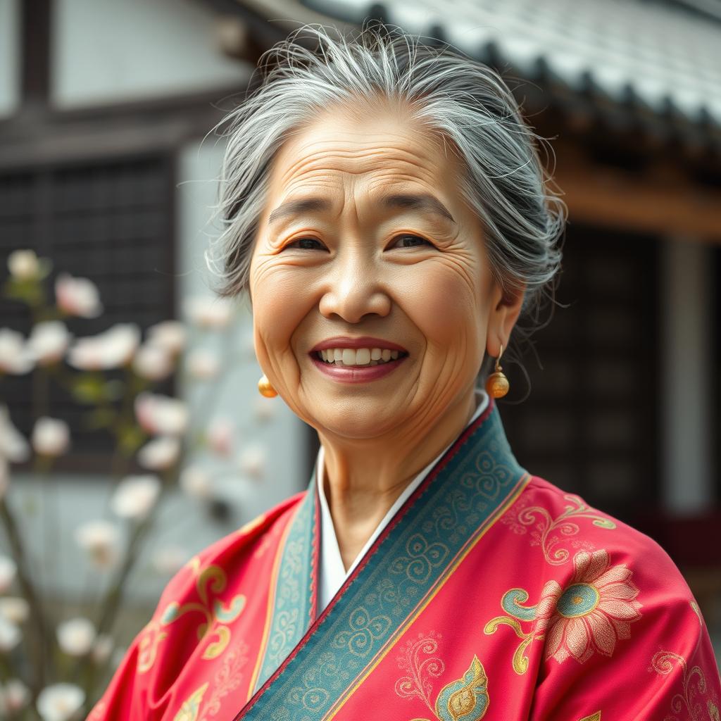 A 55-year-old Korean lady with a round face, radiating warmth with a bright, cheerful smile