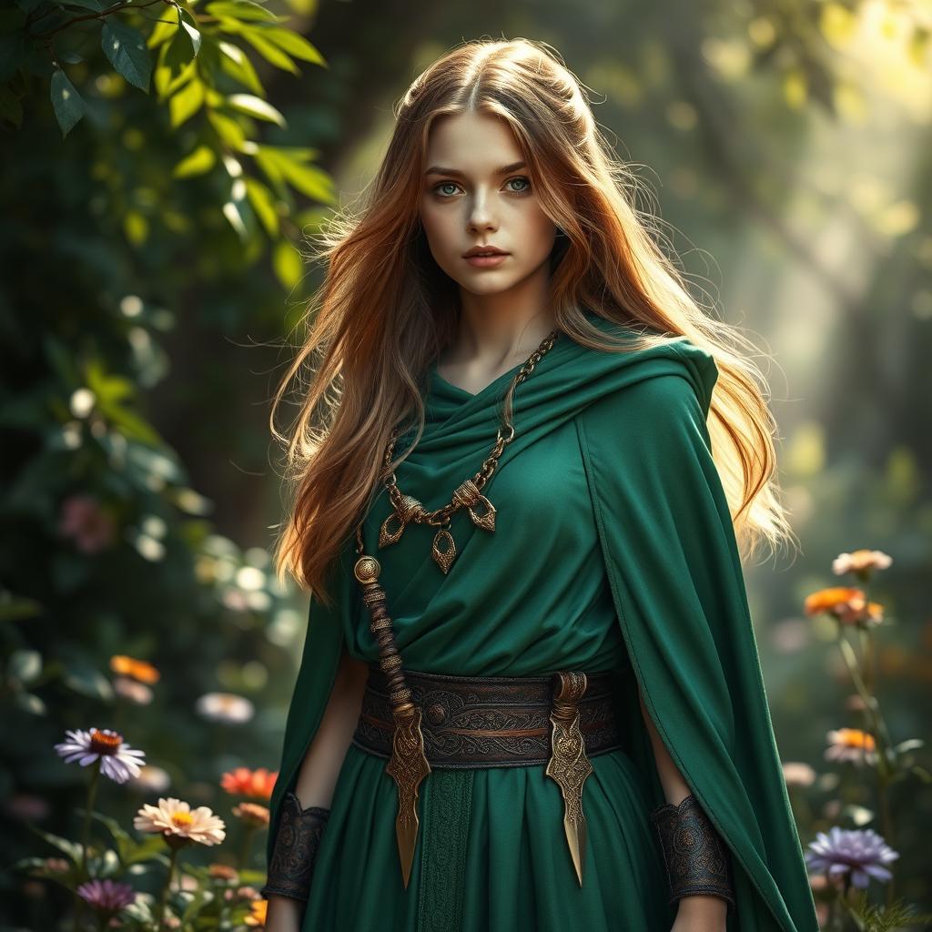 A young female sorcerer dressed in a flowing emerald green cloak paired with a beautifully crafted belt that holds two elegant daggers
