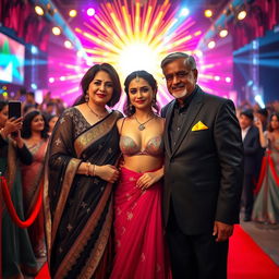 A stunning Bollywood premiere scene featuring a sexy Bollywood actress dressed in a revealing bikini blouse gown that accentuates her big boobs and cleavage