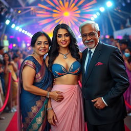 A stunning Bollywood premiere scene featuring a sexy Bollywood actress dressed in a revealing bikini blouse gown that accentuates her big boobs and cleavage