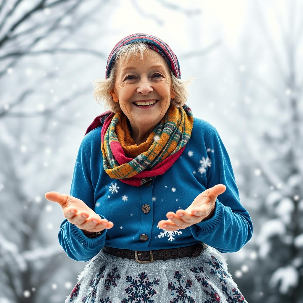A beautiful and cheerful old woman with a warm smile, wearing a sardonic headscarf in vibrant colors, a cozy blue shirt, and a whimsical skirt made entirely of snowflakes, stands in a winter wonderland