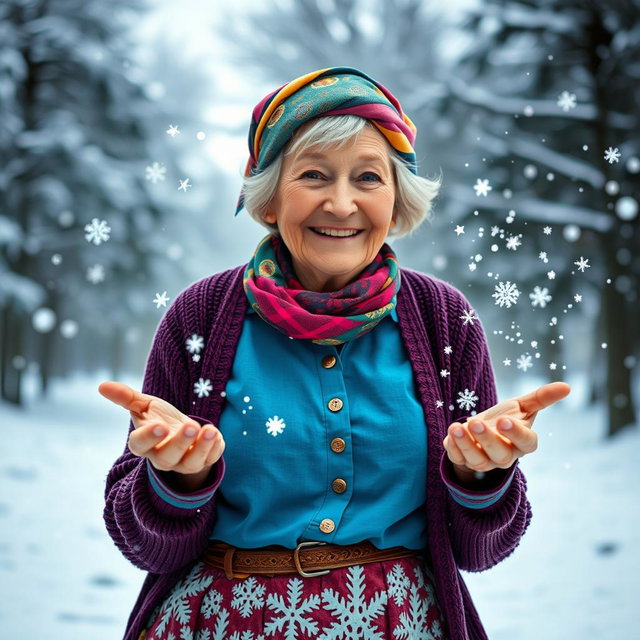 A beautiful and cheerful old woman with a warm smile, wearing a sardonic headscarf in vibrant colors, a cozy blue shirt, and a whimsical skirt made entirely of snowflakes, stands in a winter wonderland