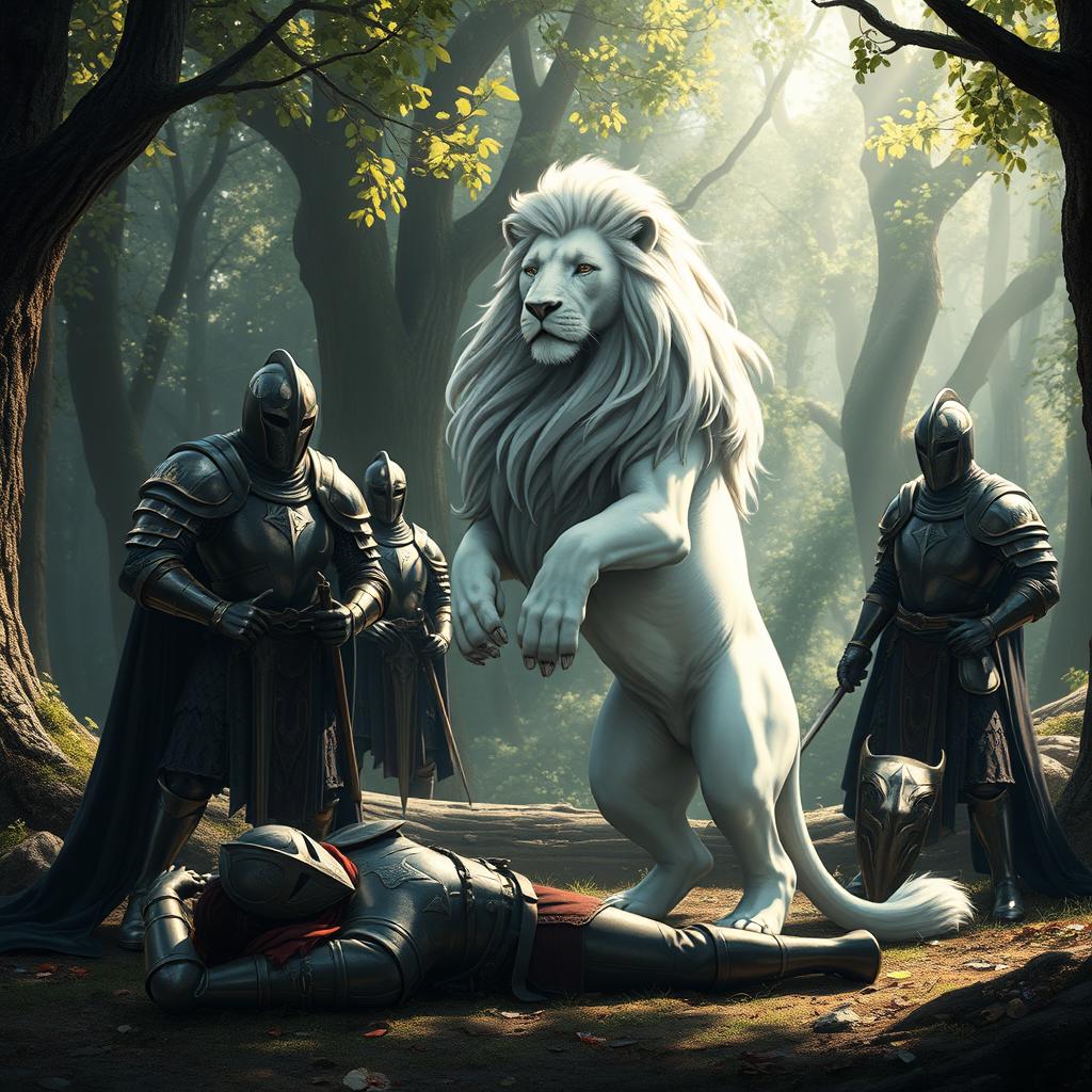 A majestic white lion standing on its hind legs, its expressive face showing signs of sadness, surrounded by four armored knights in detailed medieval attire