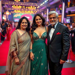 A stunning Bollywood premiere scene featuring a sexy Bollywood actress dressed in a revealing bra blouse gown that accentuates her big boobs and cleavage