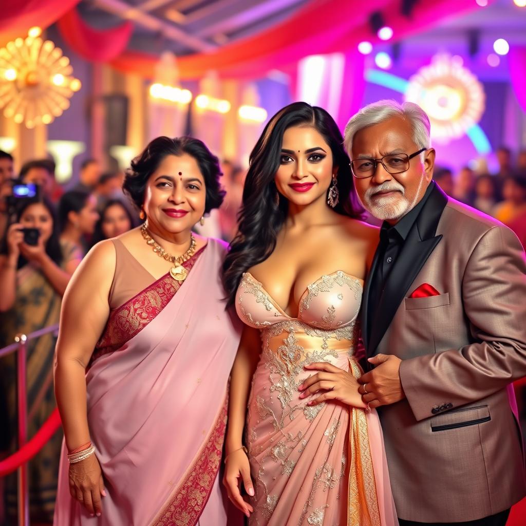 A stunning Bollywood premiere scene featuring a sexy Bollywood actress dressed in a revealing bra blouse gown that accentuates her big boobs and cleavage