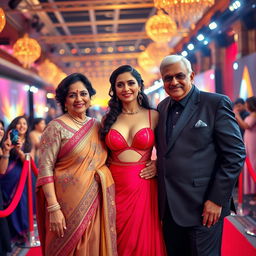 A stunning Bollywood premiere scene featuring a sexy Bollywood actress dressed in a revealing bra blouse gown that accentuates her big boobs and cleavage