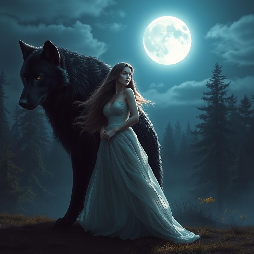 A stunning scene depicting a huge black wolf standing majestically behind a beautiful woman, who has long flowing hair and wears an elegant gown