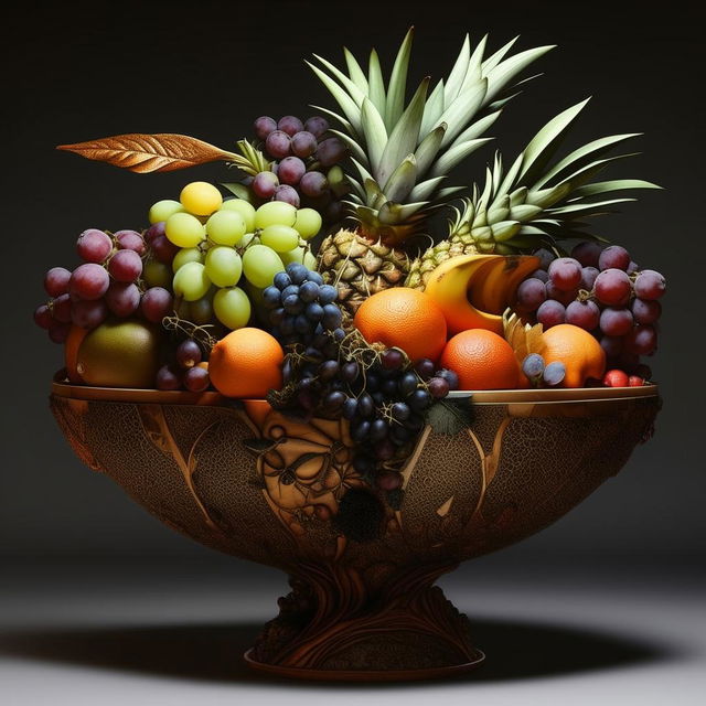 An ultra detailed, artistic, avant-garde arrangement of a fruit bowl.