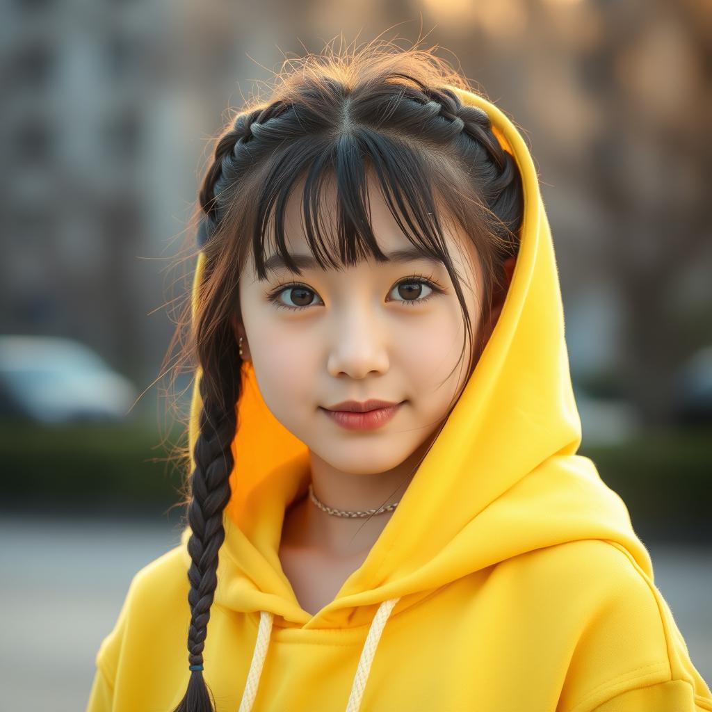 An 18-year-old Korean girl with braided hair, wearing a yellow hoodie that looks slightly messy