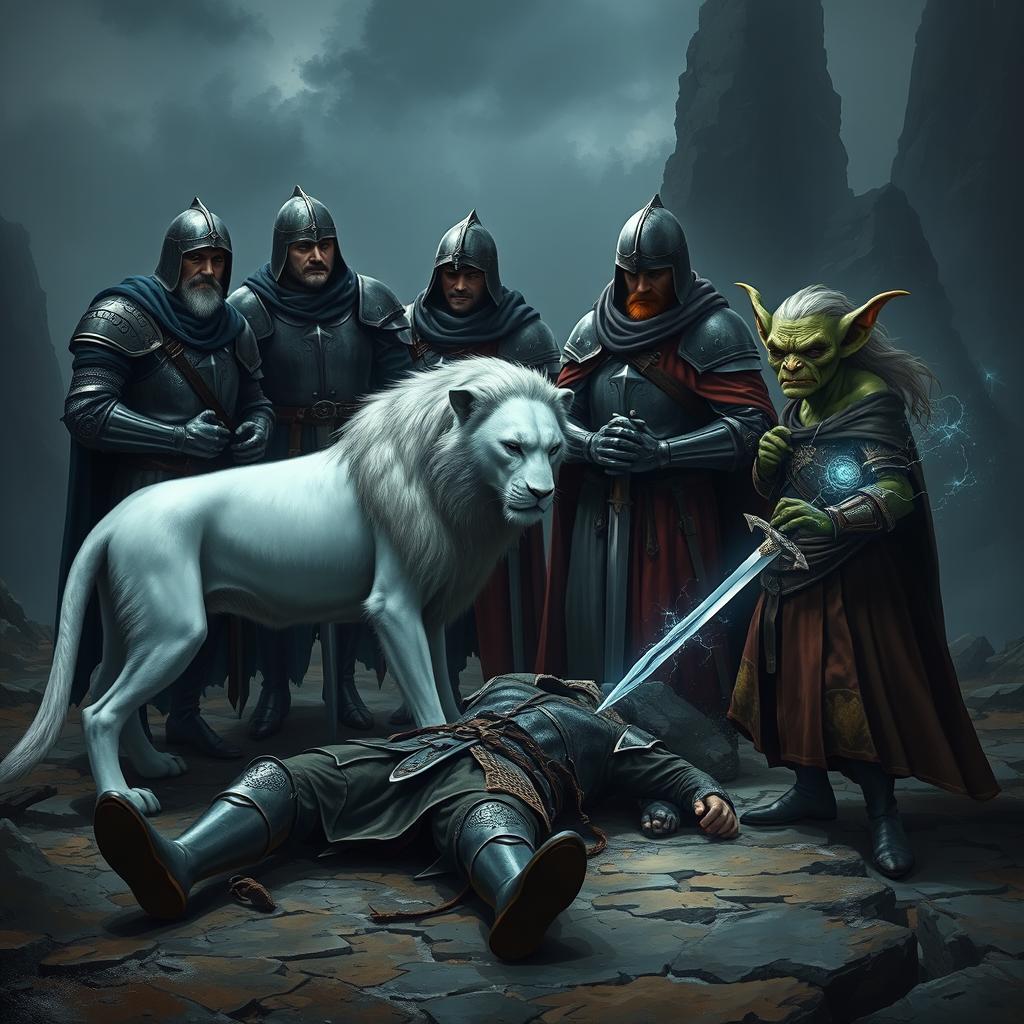 A humanoid white lion stands and weeps beside four knights