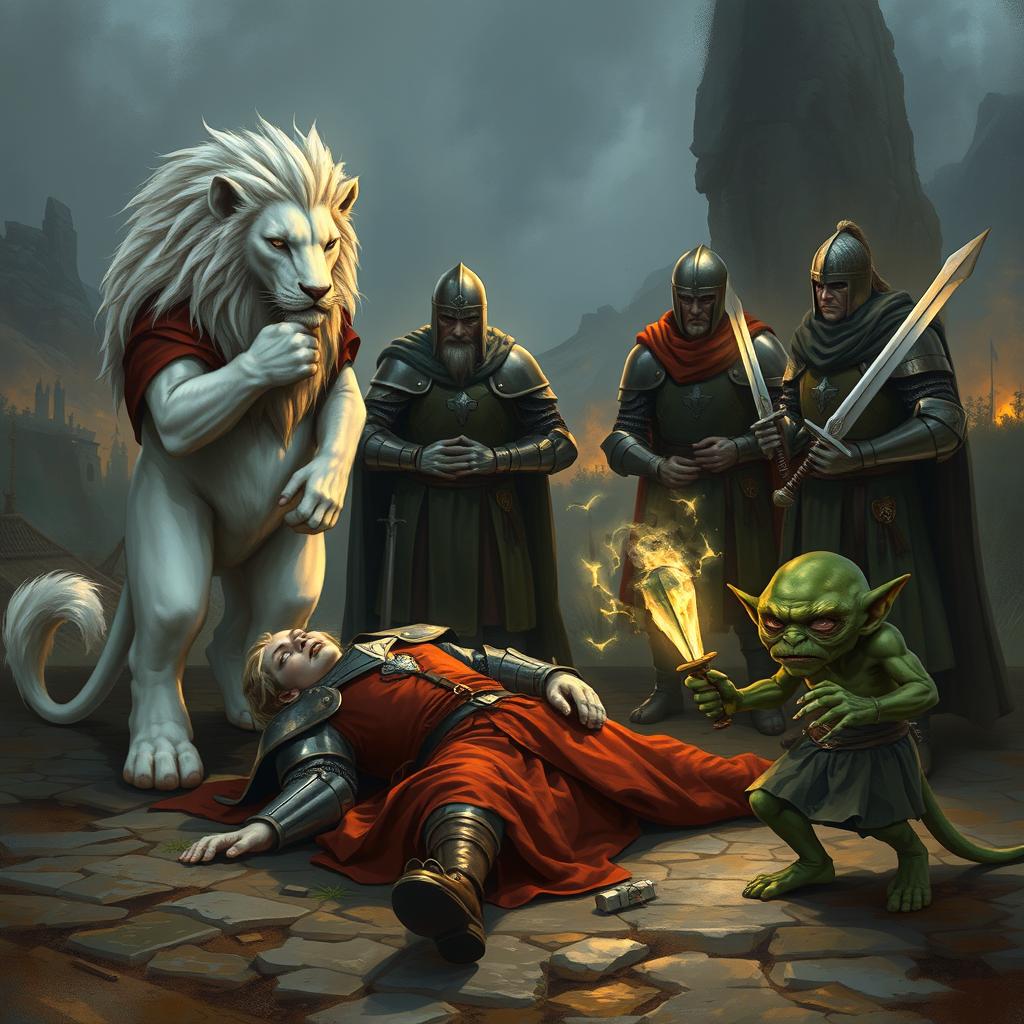 A humanoid white lion stands on two legs, weeping beside four knights
