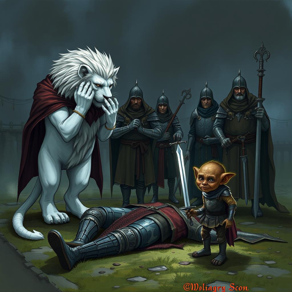 A white humanoid lion stands on two legs, crying beside four knights
