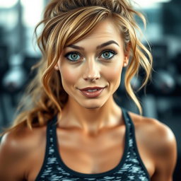 A beautiful 45-year-old woman with captivating green eyes, wearing stylish gym attire