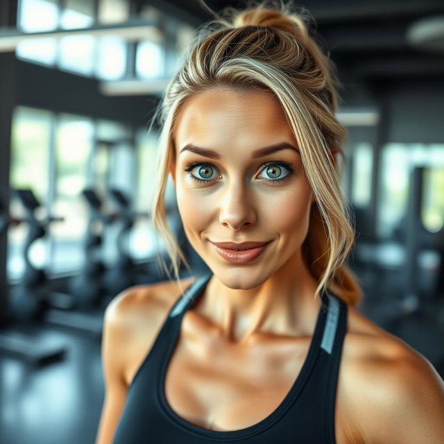 A beautiful 45-year-old woman with captivating green eyes, wearing stylish gym attire