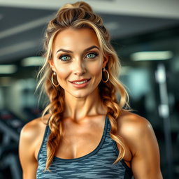 A beautiful 45-year-old woman with captivating green eyes, wearing stylish gym attire