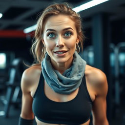 A beautiful 45-year-old woman with stunning green eyes, dressed in trendy gym attire