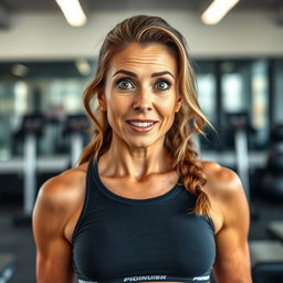 A beautiful 45-year-old woman with stunning green eyes, dressed in trendy gym attire