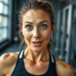 A beautiful 45-year-old woman with stunning green eyes, dressed in trendy gym attire