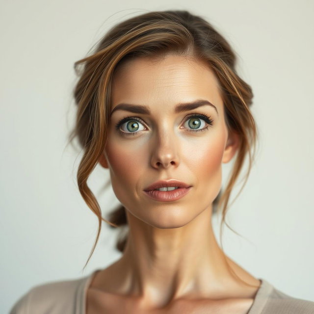 A stunning 45-year-old woman with striking green eyes displaying an expression of surprise