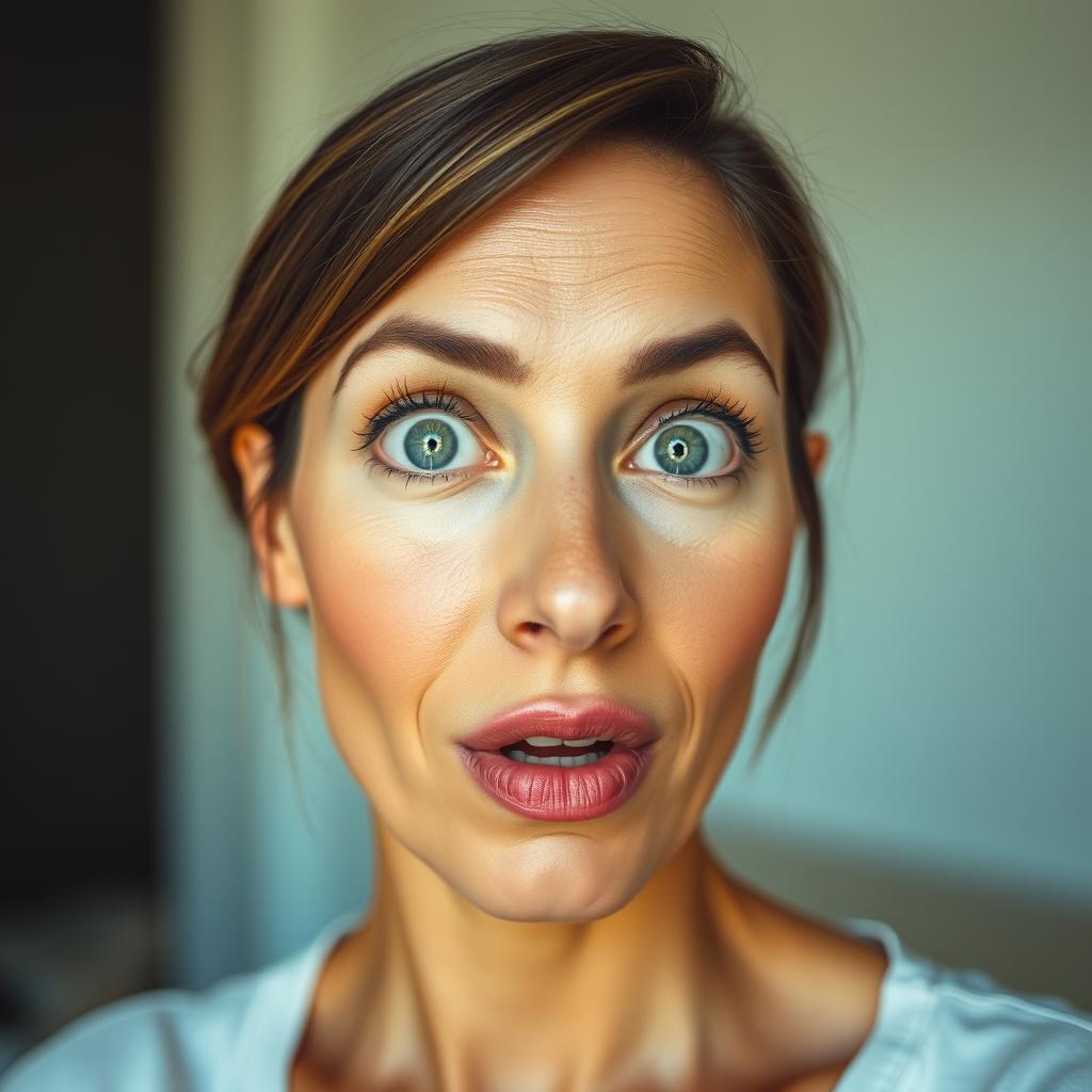 A stunning 45-year-old woman with striking green eyes displaying an expression of surprise