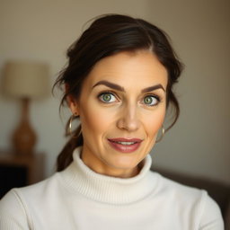 A stunning 45-year-old woman with striking green eyes displaying an expression of surprise
