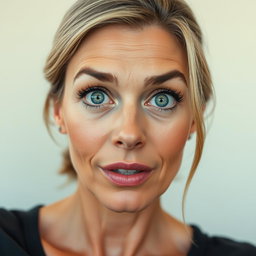 A stunning 45-year-old woman with striking green eyes displaying an expression of surprise