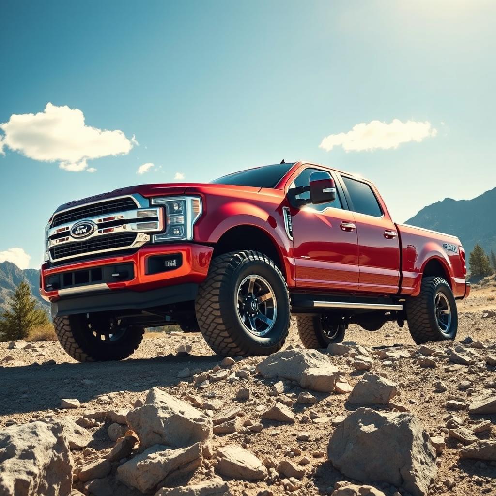 A powerful and rugged pickup truck, shining under a bright blue sky