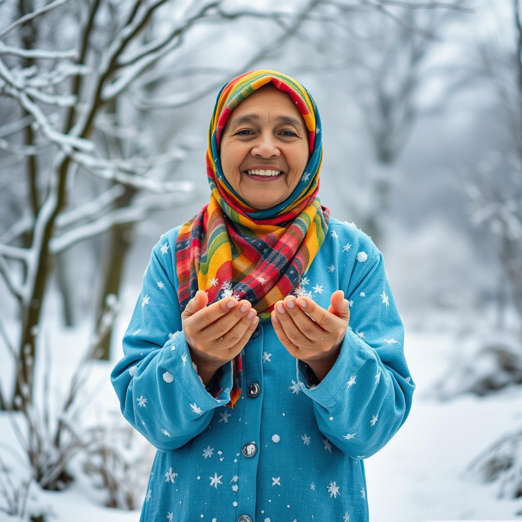 A happy old woman wearing a colorful hijab, dressed in a whimsical blue shirt that appears to be made of snow, stands joyfully in a winter landscape