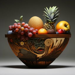 An ultra detailed, artistic, avant-garde arrangement of a fruit bowl.