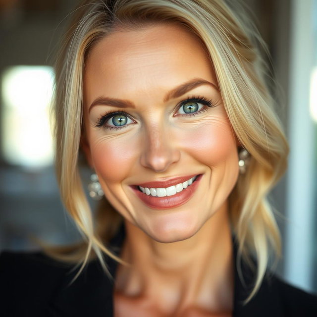 A stunning 45-year-old woman with beautiful green eyes, exuding confidence and charm