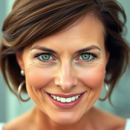 A stunning 45-year-old woman with beautiful green eyes, exuding confidence and charm