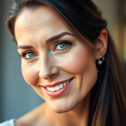 A stunning 45-year-old woman with beautiful green eyes, exuding confidence and charm