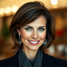 A beautiful 45-year-old woman with striking green eyes, exuding elegance and confidence